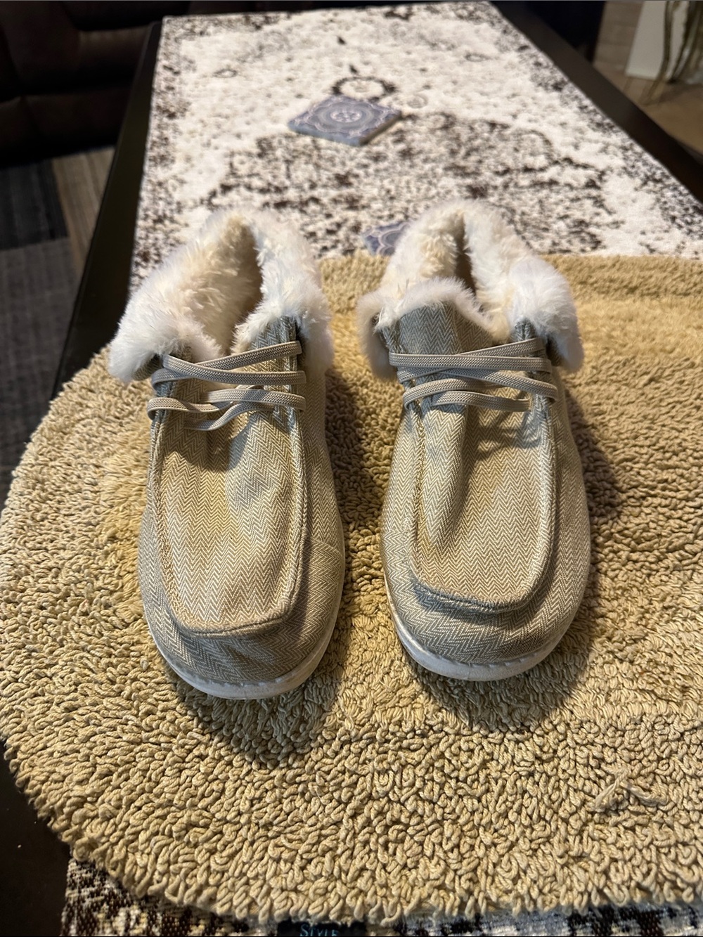 Cozy Faux-Fur Lined Slip-On Sneakers - Beige Herringbone